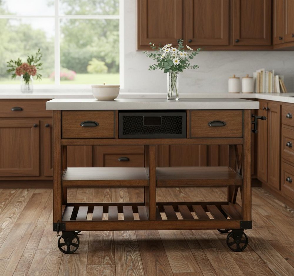 Brown And Silver 48" Rolling Kitchen Cart With Storage HomeRoots