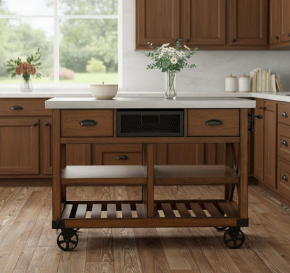 Brown And Silver 48" Rolling Kitchen Cart With Storage HomeRoots