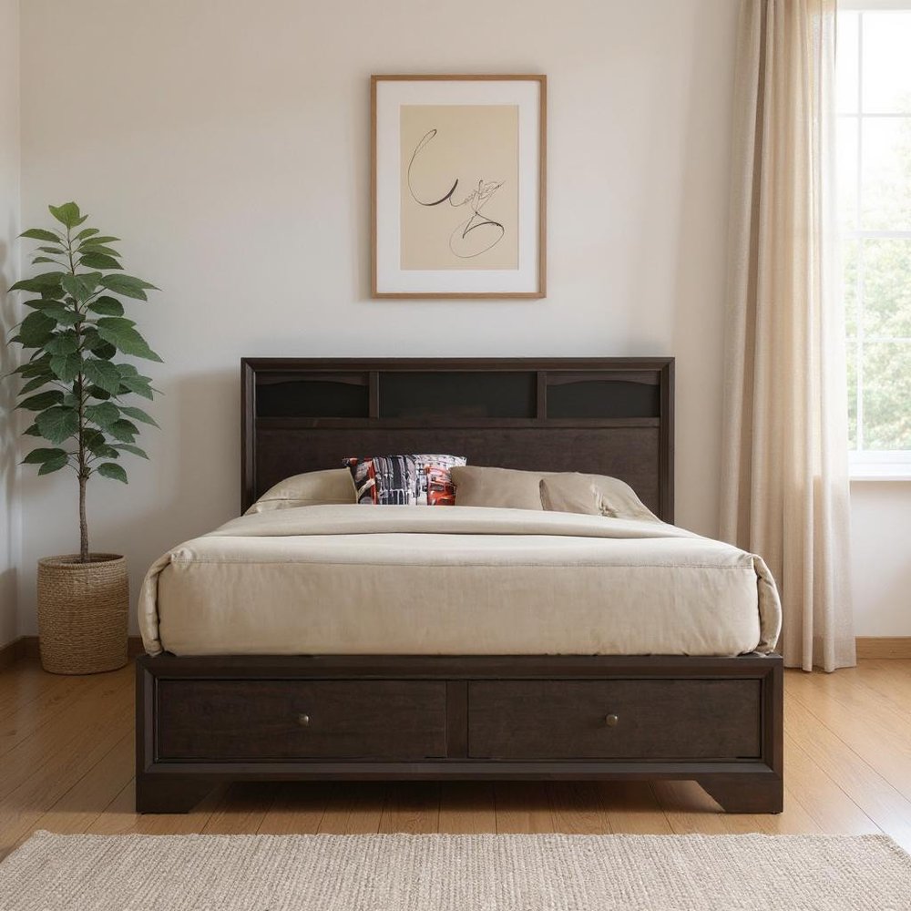 Espresso Solid Wood Queen Bed Frame With Drawers HomeRoots