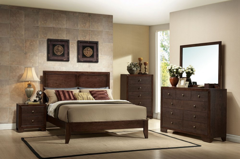 Espresso Inlaid Panels Wood Queen Bed Frame HomeRoots