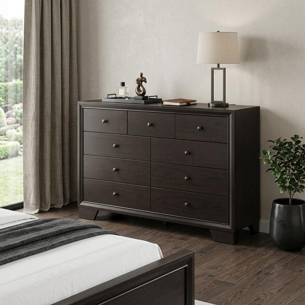 57" Espresso Wood Nine Drawer Double Dresser HomeRoots