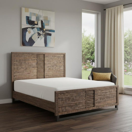 Brown And Black Shiplap Textured Solid Wood Queen Bed Frame HomeRoots