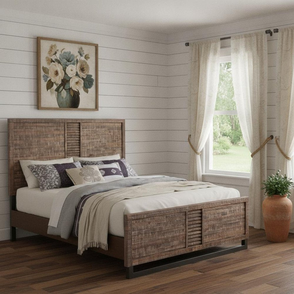 Brown And Black Shiplap Textured Solid Wood Queen Bed Frame HomeRoots