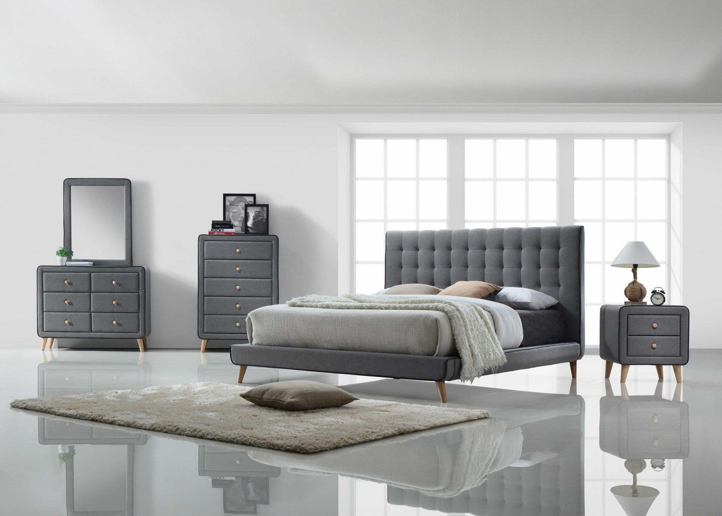 King Tufted Gray And Light Gray Upholstered Linen Bed - FurniFindUSA