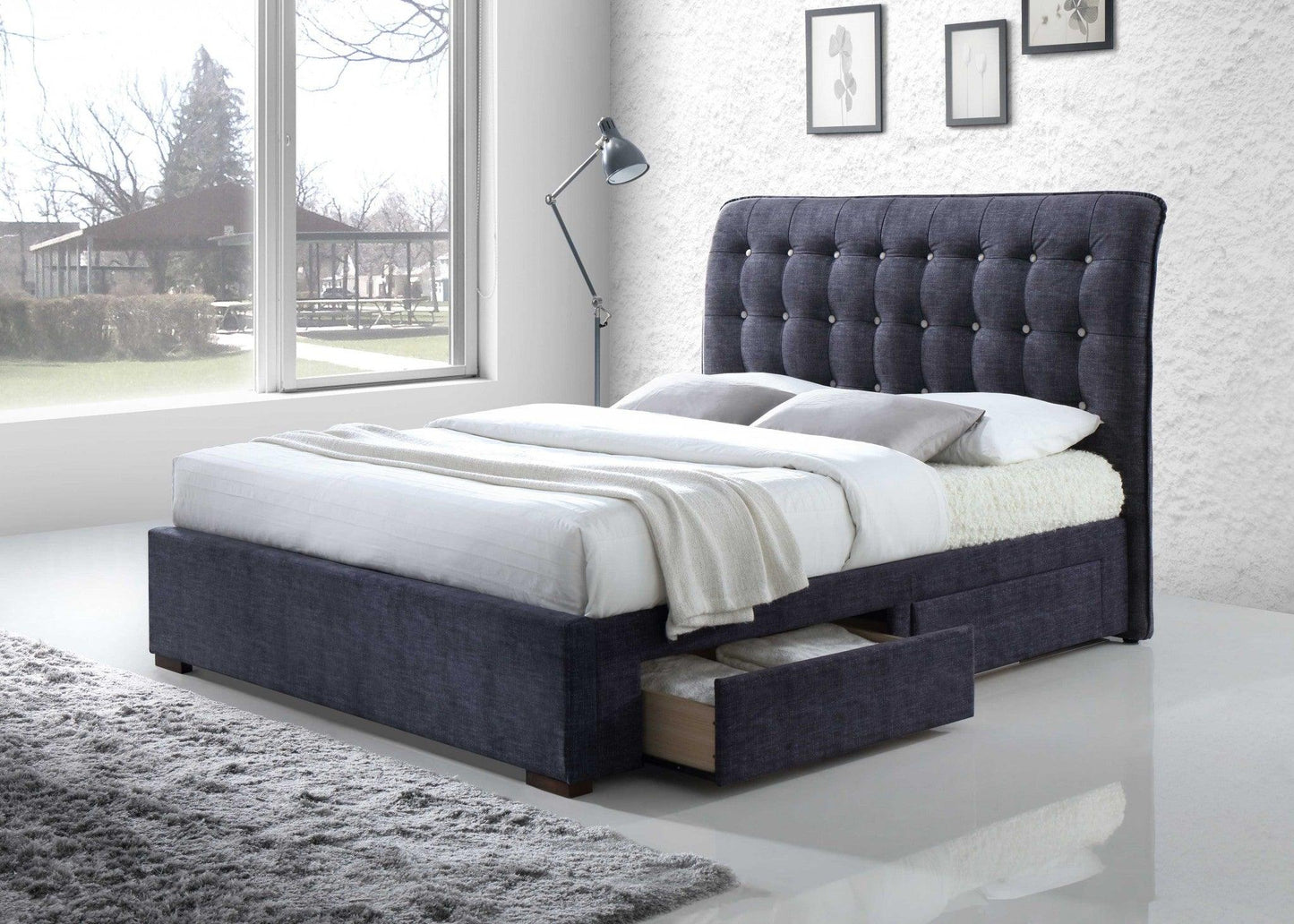 King Tufted Dark Gray And Gray Upholstered Linen Bed With Nailhead Trim - FurniFindUSA