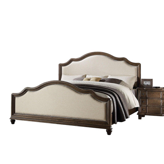 Queen Beige Upholstered Linen Bed With Nailhead Trim - FurniFindUSA