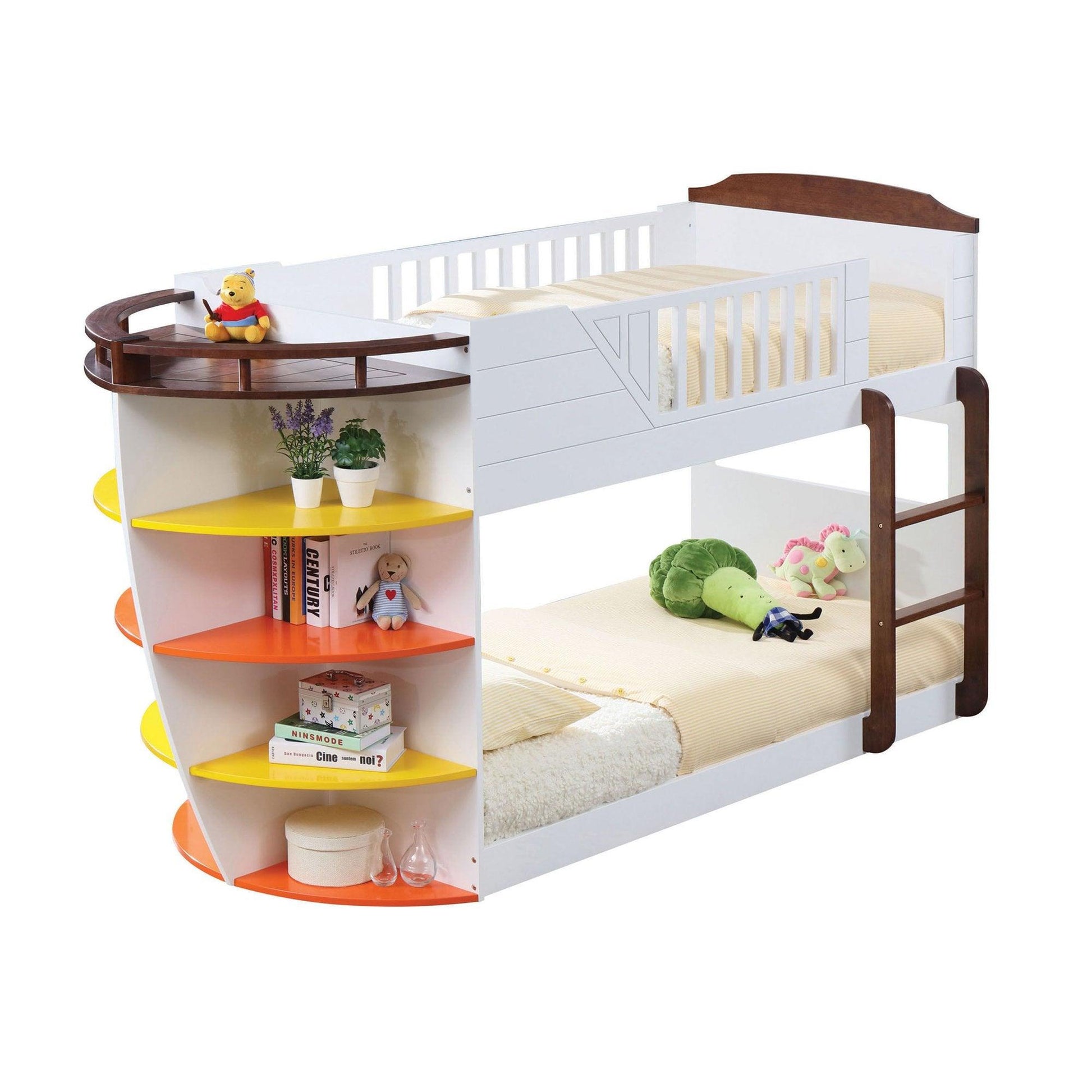 100" X 41" X 57" White And Chocolate Twin Over Twin Bunk Bed With Storage Shelf - FurniFindUSA