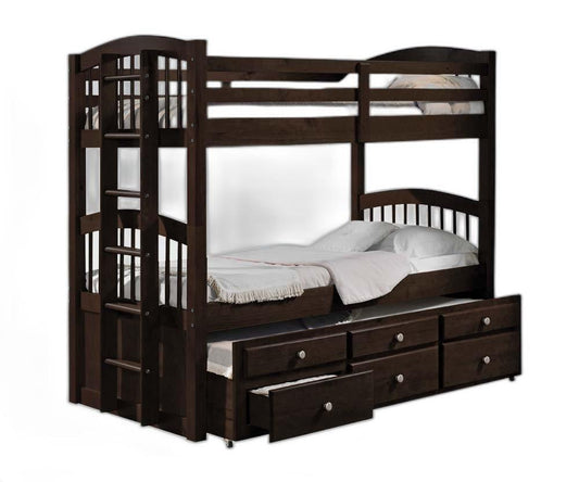 80" X 41" X 71" Espresso Twin Over Twin Bunk Bed And Trundle With 3 Drawers - FurniFindUSA