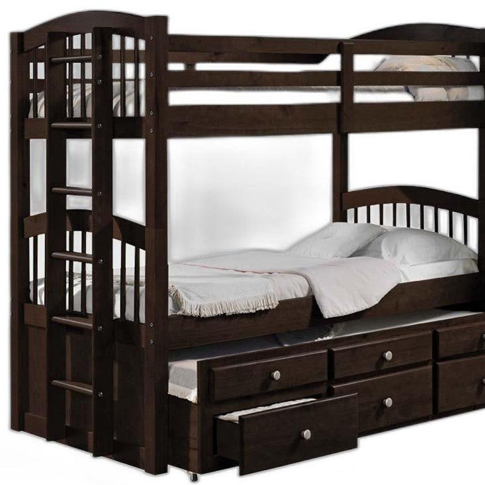 80" X 41" X 71" Espresso Twin Over Twin Bunk Bed And Trundle With 3 Drawers - FurniFindUSA