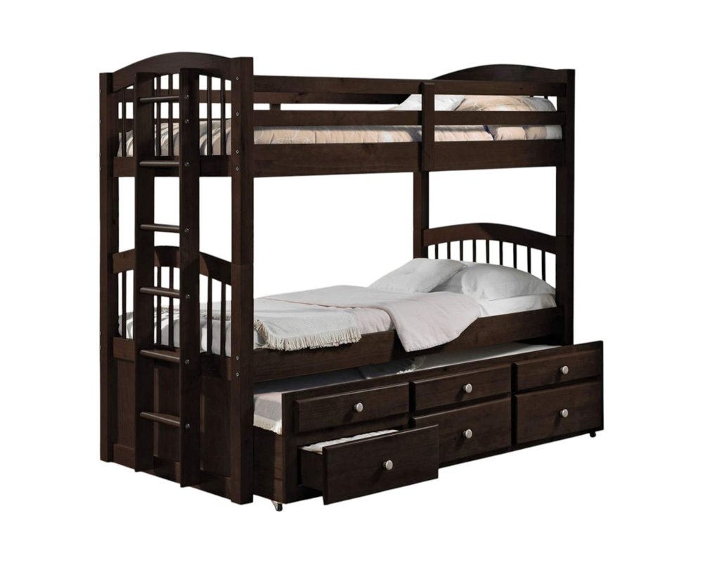 Espresso Twin Over Twin Solid Wood Bunk Bed With Trundle And Storage HomeRoots