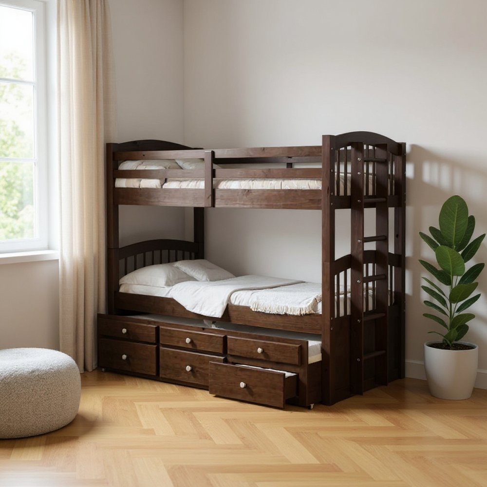 Espresso Twin Over Twin Solid Wood Bunk Bed With Trundle And Storage HomeRoots
