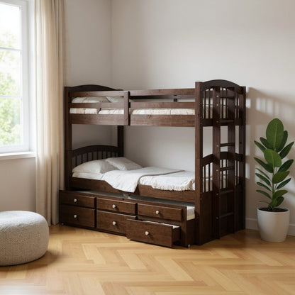 Espresso Twin Over Twin Solid Wood Bunk Bed With Trundle And Storage HomeRoots