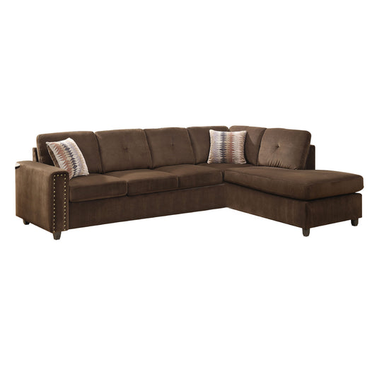 Chocolate Velvet L Shaped Two Piece Sofa and Chaise Sectional And Toss Pillows