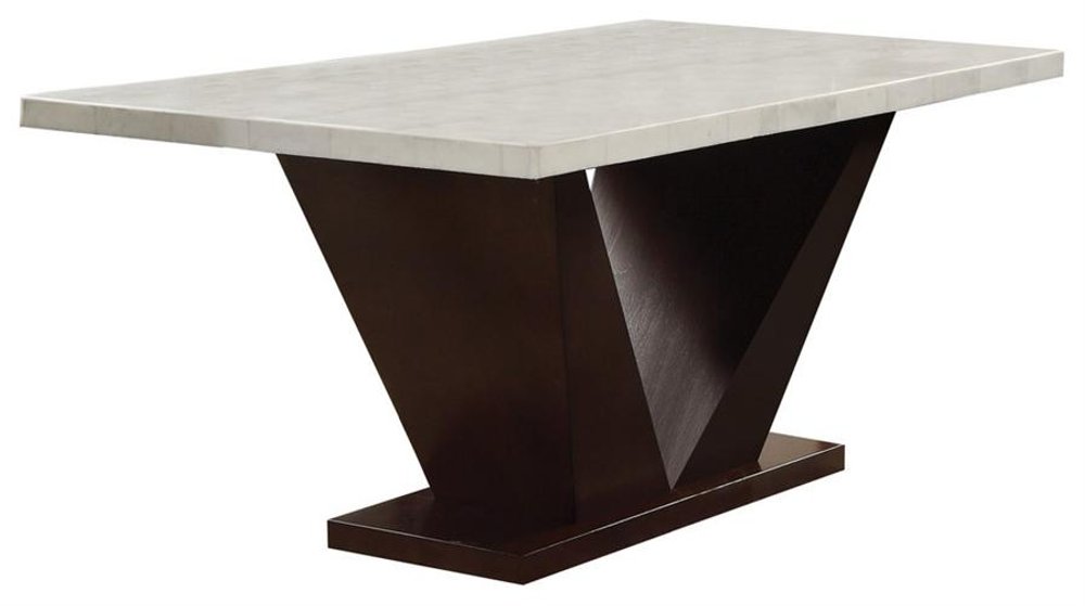 64" White And Dark Brown Marble And Solid Manufactured Wood Pedestal Base Dining Table HomeRoots