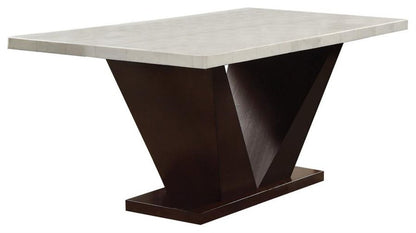 64" White And Dark Brown Marble And Solid Manufactured Wood Pedestal Base Dining Table HomeRoots