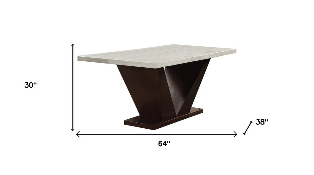 64" White And Dark Brown Marble And Solid Manufactured Wood Pedestal Base Dining Table HomeRoots