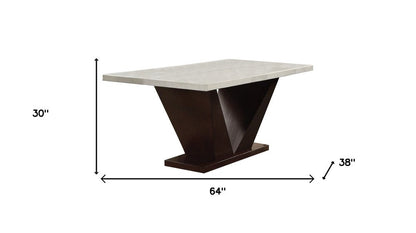 64" White And Dark Brown Marble And Solid Manufactured Wood Pedestal Base Dining Table HomeRoots