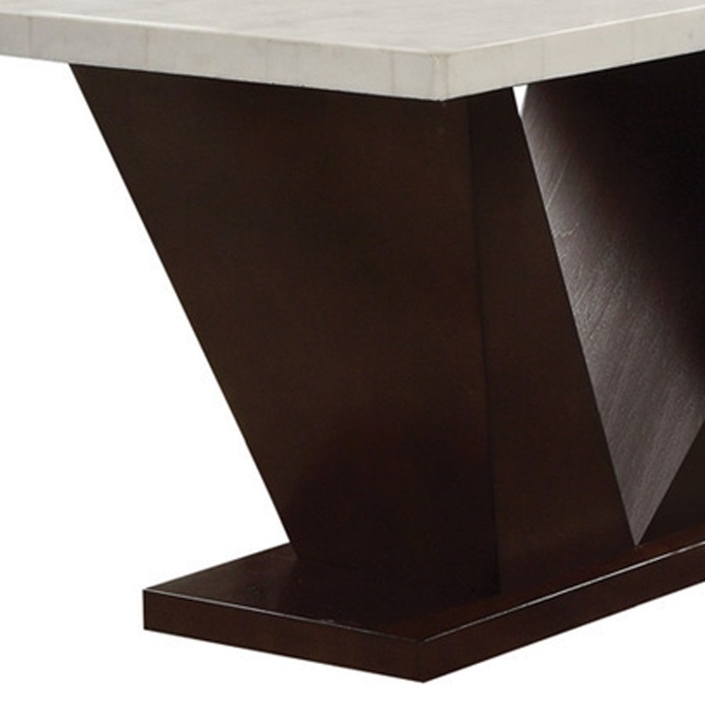 64" White And Dark Brown Marble And Solid Manufactured Wood Pedestal Base Dining Table HomeRoots