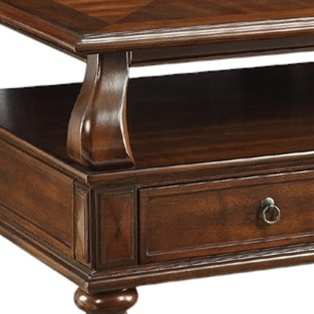 50" Dark Brown Solid Wood Coffee Table With Two Drawers And Shelf — view 2