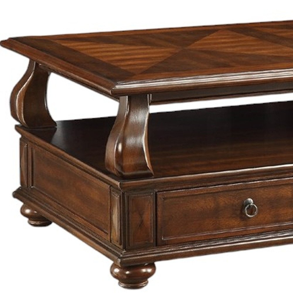50" Dark Brown Solid Wood Coffee Table With Two Drawers And Shelf — view 3