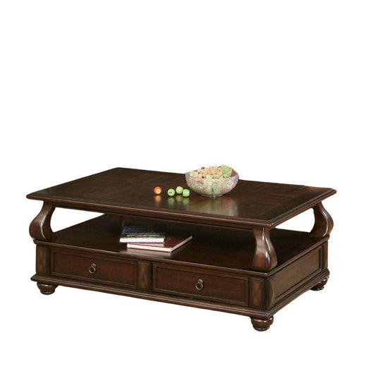 50" Dark Brown Solid Wood Coffee Table With Two Drawers And Shelf - FurniFindUSA