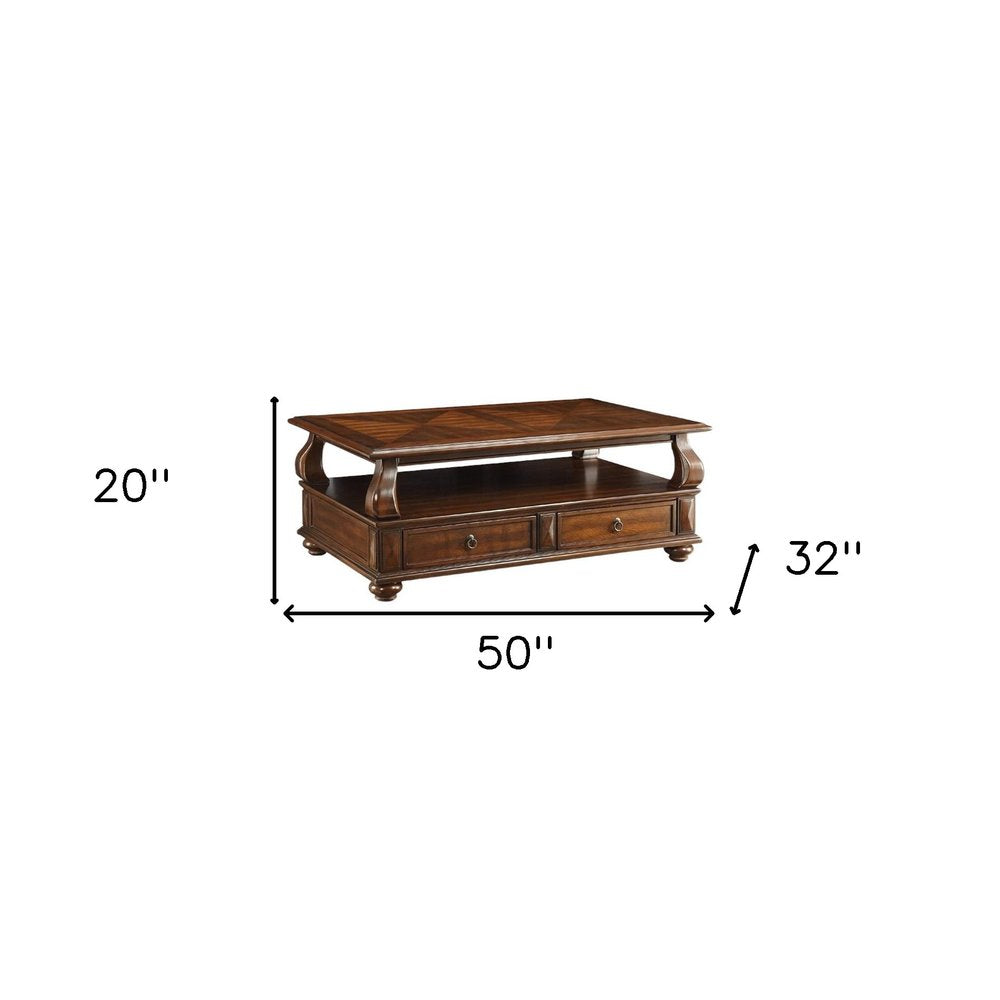 50" Dark Brown Solid Wood Coffee Table With Two Drawers And Shelf — view 4