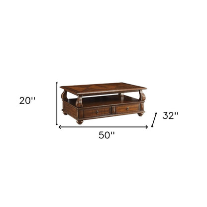 50" Dark Brown Solid Wood Coffee Table With Two Drawers And Shelf HomeRoots