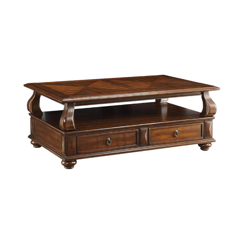 50" Dark Brown Solid Wood Coffee Table With Two Drawers And Shelf — view 1