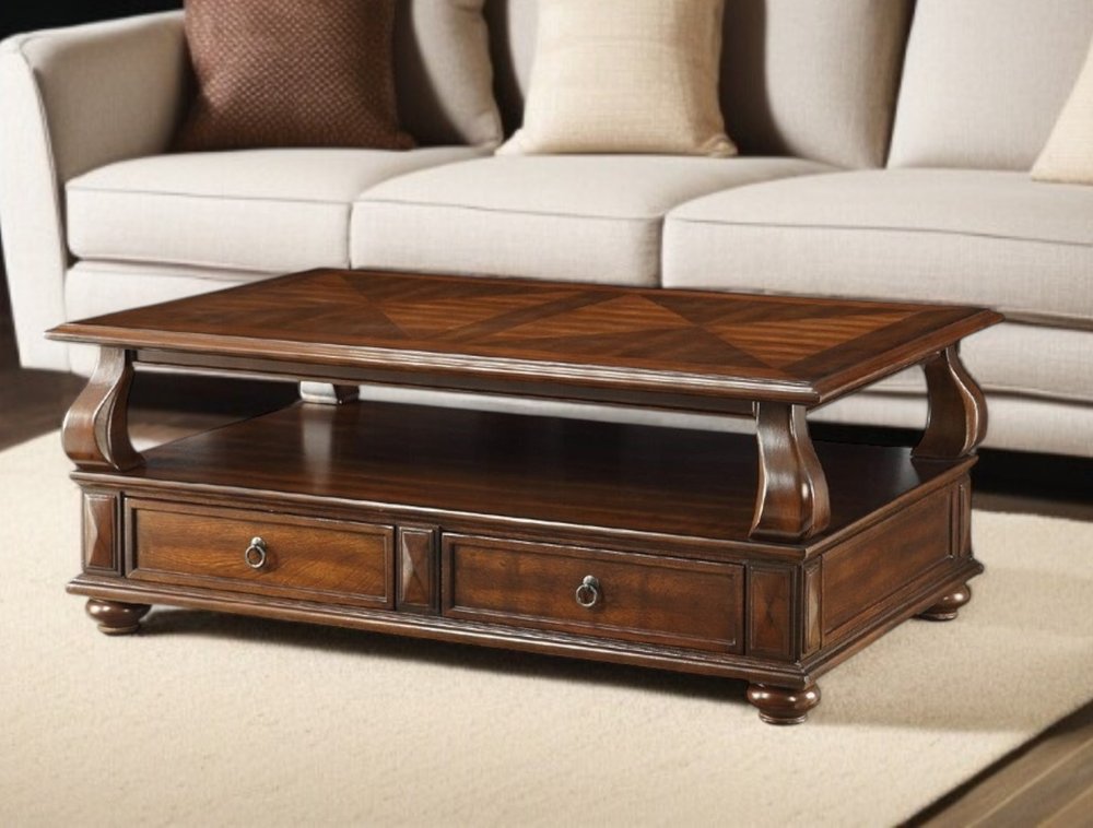 50" Dark Brown Solid Wood Coffee Table With Two Drawers And Shelf — view 5