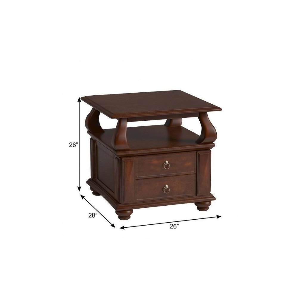 26" Brown Solid Wood Square End Table With Two Drawers And Shelf HomeRoots