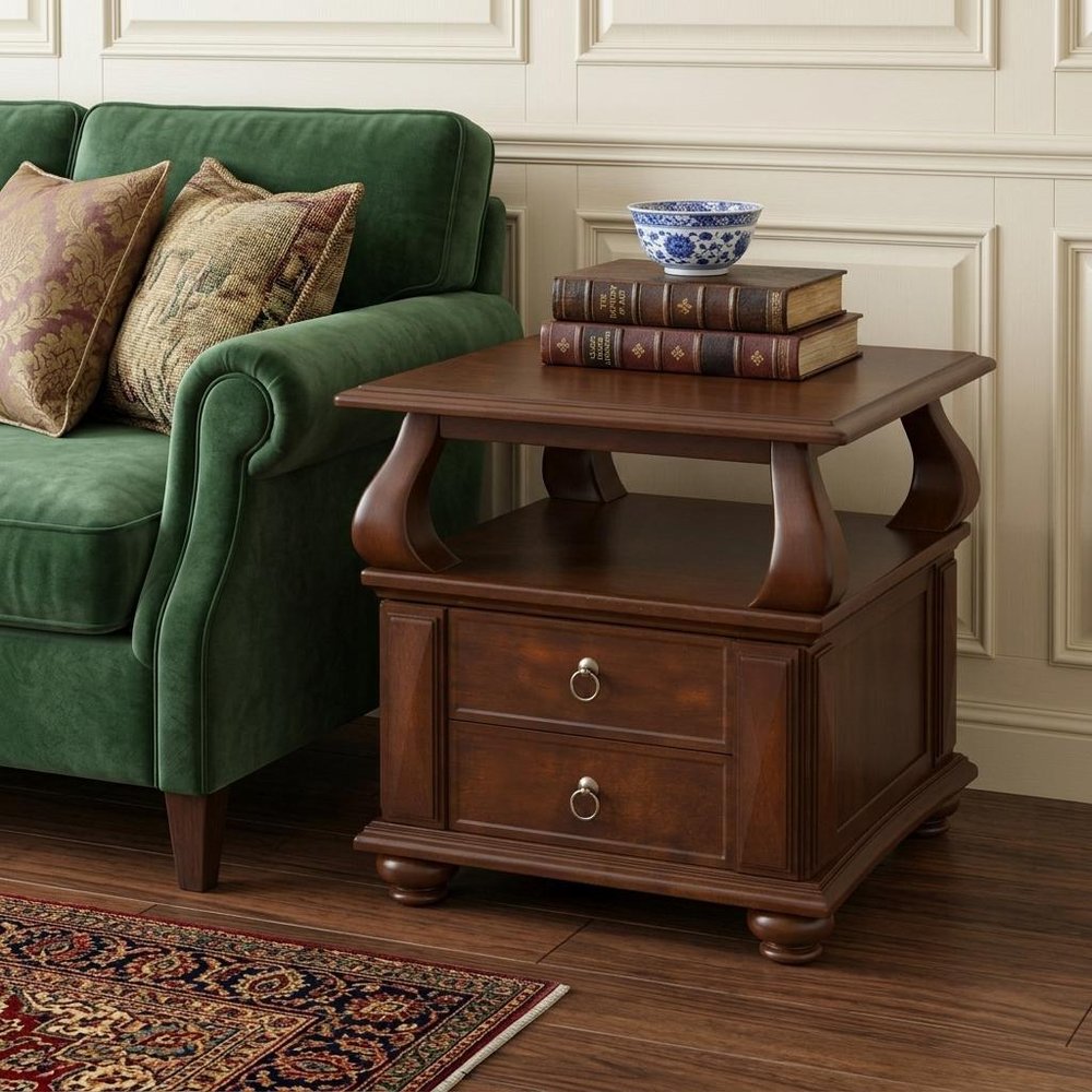 26" Brown Solid Wood Square End Table With Two Drawers And Shelf HomeRoots