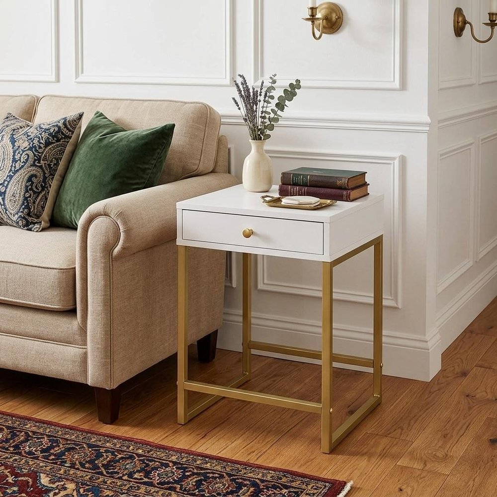 24" Gold And White Solid Wood End Table With Drawer HomeRoots