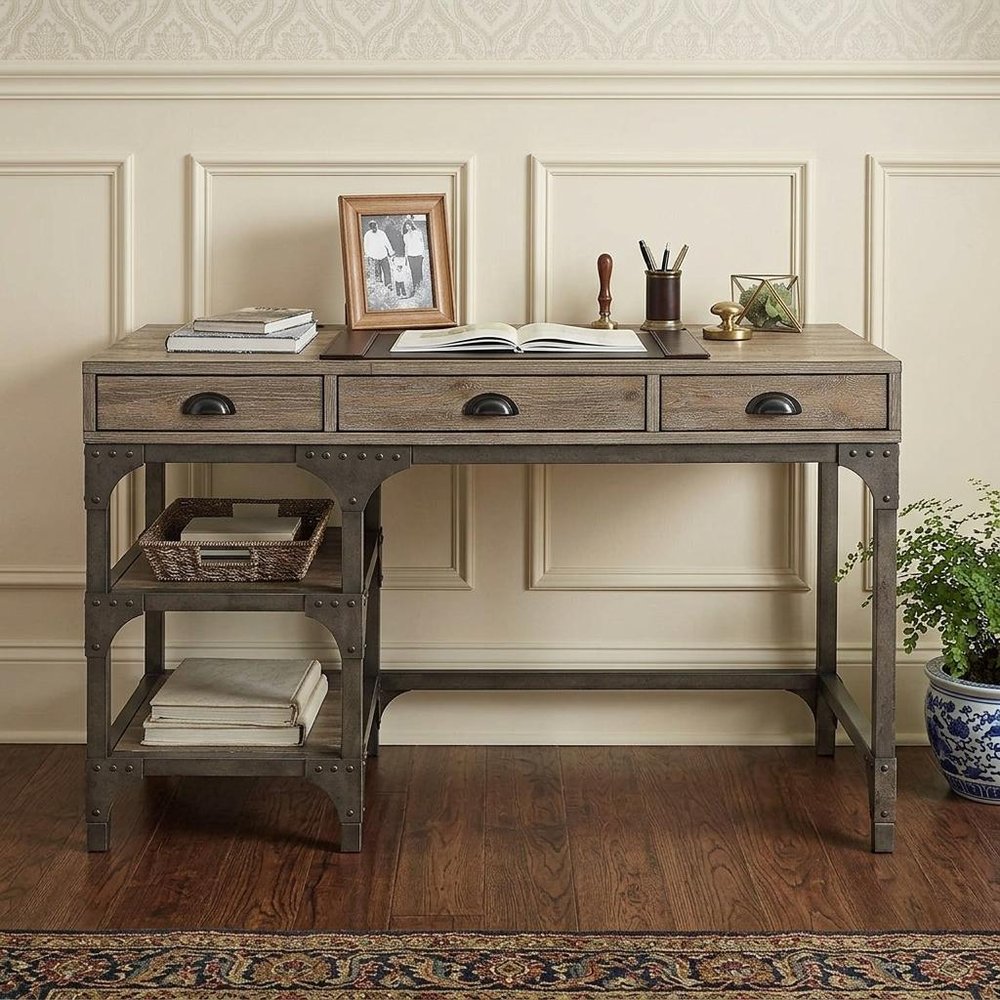 47" Natural and Gray Writing Desk With Three Drawers HomeRoots