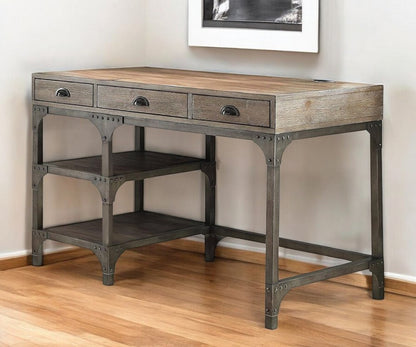 47" Natural and Gray Writing Desk With Three Drawers HomeRoots