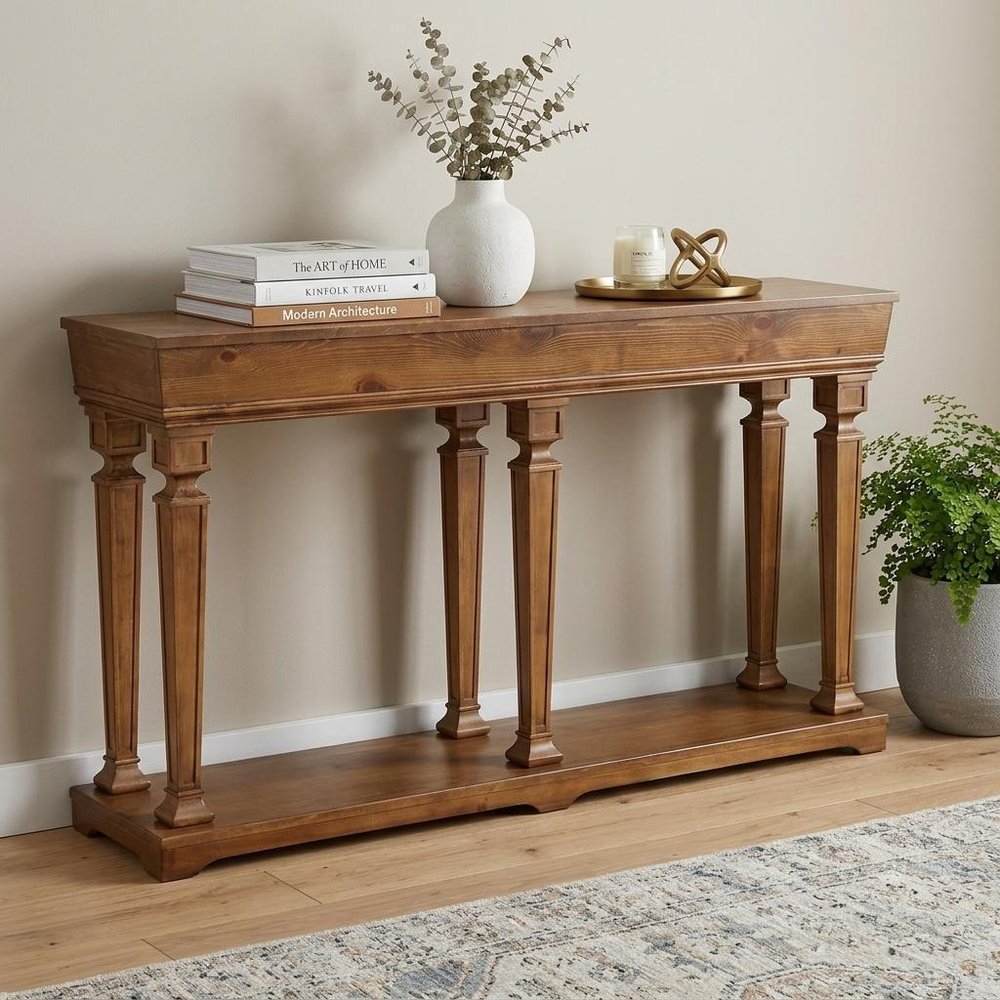 72" Oak Wood Floor Shelf Console Table With Shelf HomeRoots
