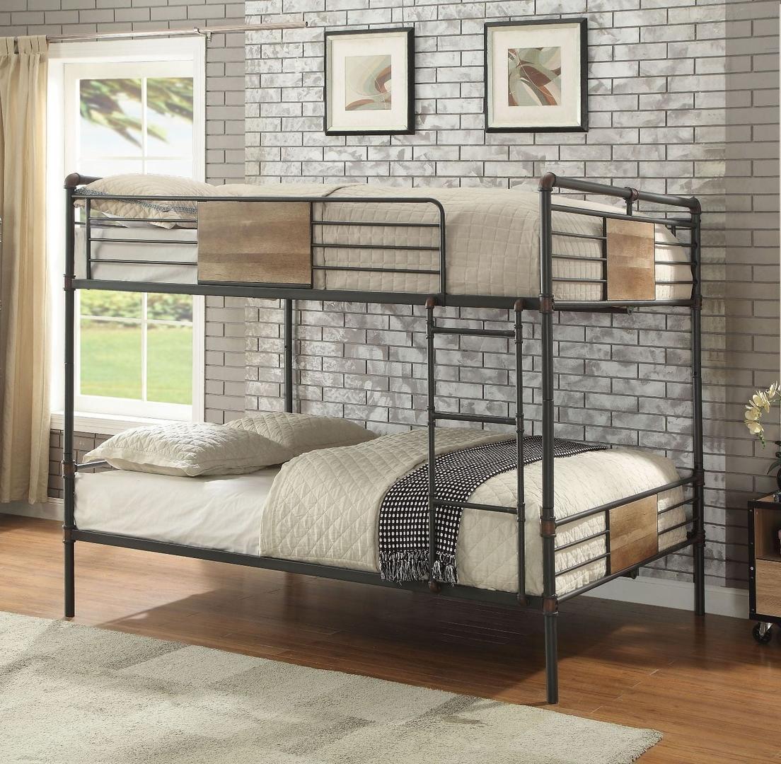 83" X 65" X 68" Sandy Black Dark Bronze Handbrushed Queen Over Queen Bunk Bed - FurniFindUSA