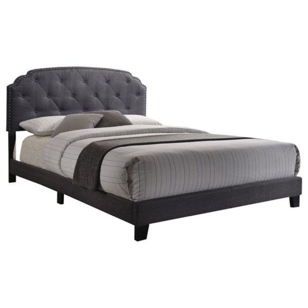 Gray Wood And Tufted Linen Queen Bed Frame with Nailhead Trim HomeRoots