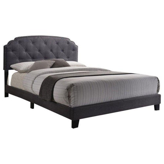 Queen Tufted Gray Upholstered Linen Bed With Nailhead Trim - FurniFindUSA