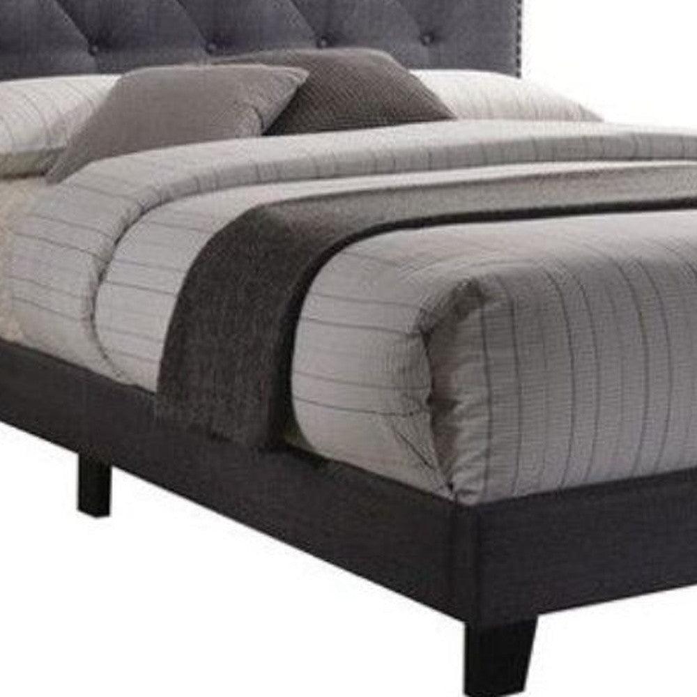Queen Tufted Gray Upholstered Linen Bed With Nailhead Trim - FurniFindUSA
