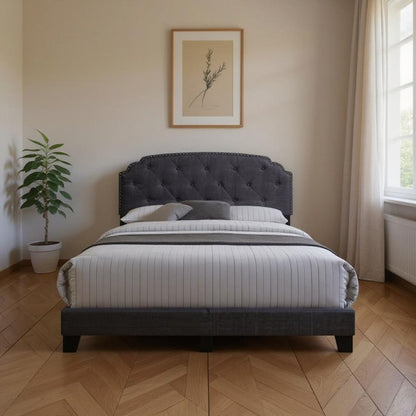 Gray Wood And Tufted Linen Queen Bed Frame with Nailhead Trim HomeRoots