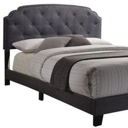 Gray Wood And Tufted Linen Queen Bed Frame with Nailhead Trim HomeRoots