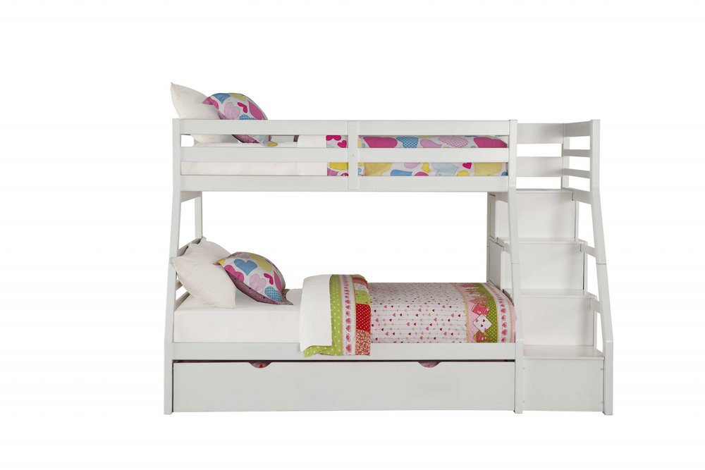 White Twin Over Full Solid Wood Bunk Bed With Stairs And Trundle And Storage HomeRoots