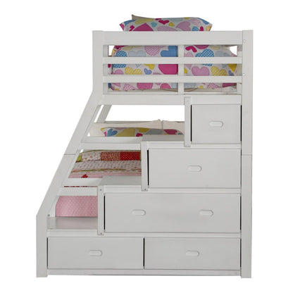 White Twin Over Full Solid Wood Bunk Bed With Stairs And Trundle And Storage HomeRoots