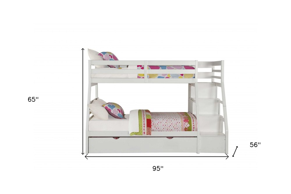 White Twin Over Full Solid Wood Bunk Bed With Stairs And Trundle And Storage — view 6