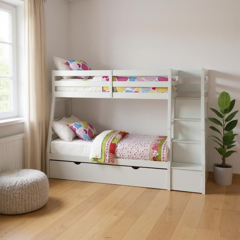 White Twin Over Full Solid Wood Bunk Bed With Stairs And Trundle And Storage HomeRoots