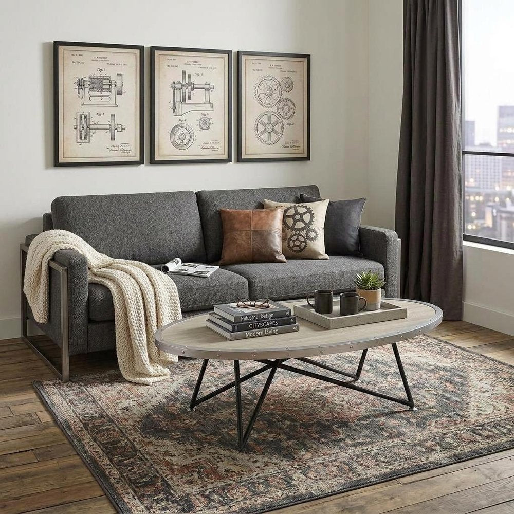46" Gray and Black Wood and Iron Oval Coffee Table HomeRoots