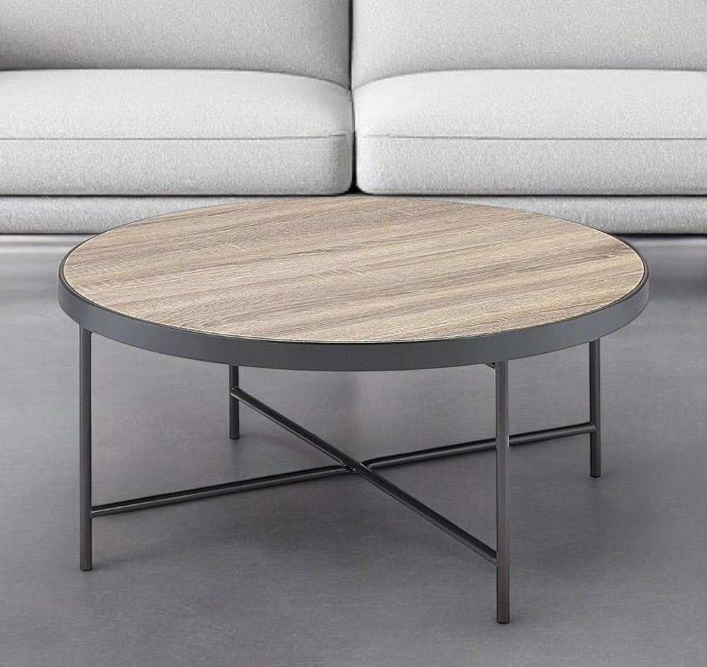 32" Brown and Black Wood And Iron Round Coffee Table HomeRoots
