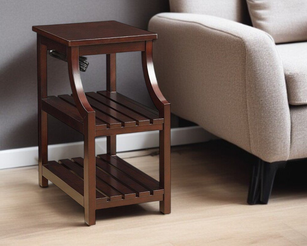 24" Brown Wood End Table With Two Shelves And USB Port HomeRoots