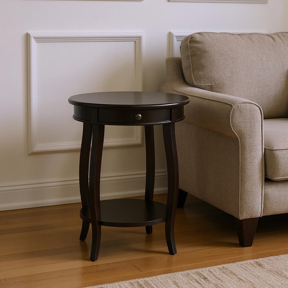 24" Black Wood Round End Table With Drawer And Shelf HomeRoots