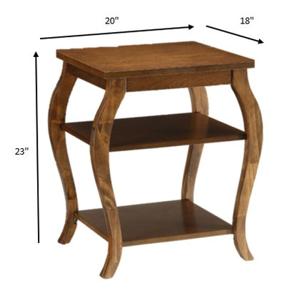 23" Brown Wood Bow Leg Square End Table With Two Shelves